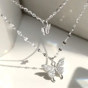 New - Gorgeous 14K White Gold Double Butterfly Necklace w/Zirconia Detail